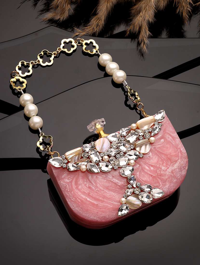 embellished pink clutch with pearl strap 