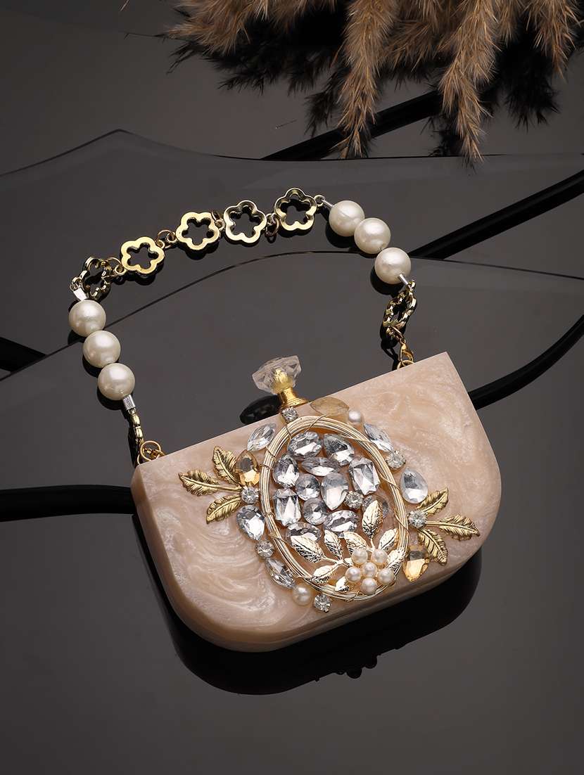 embellished beige synthetic clutch with strap