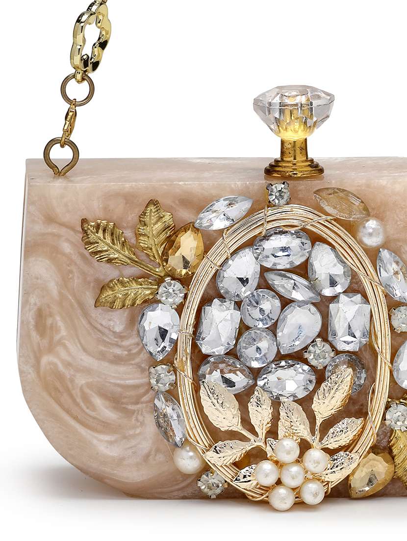 embellished beige synthetic clutch with strap - 22220165 -  Standard Image - 3