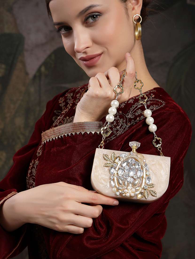 embellished beige synthetic clutch with strap - 22220165 -  Standard Image - 5