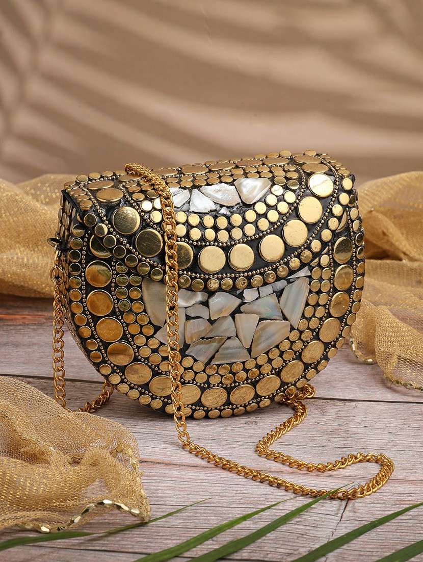 gold embellished metal party clutch