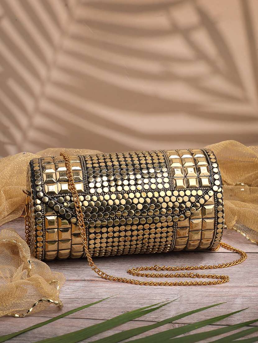 embellished clutch with gold chain 