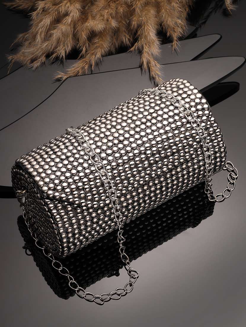 embellished cylindrical clutch with sling strap