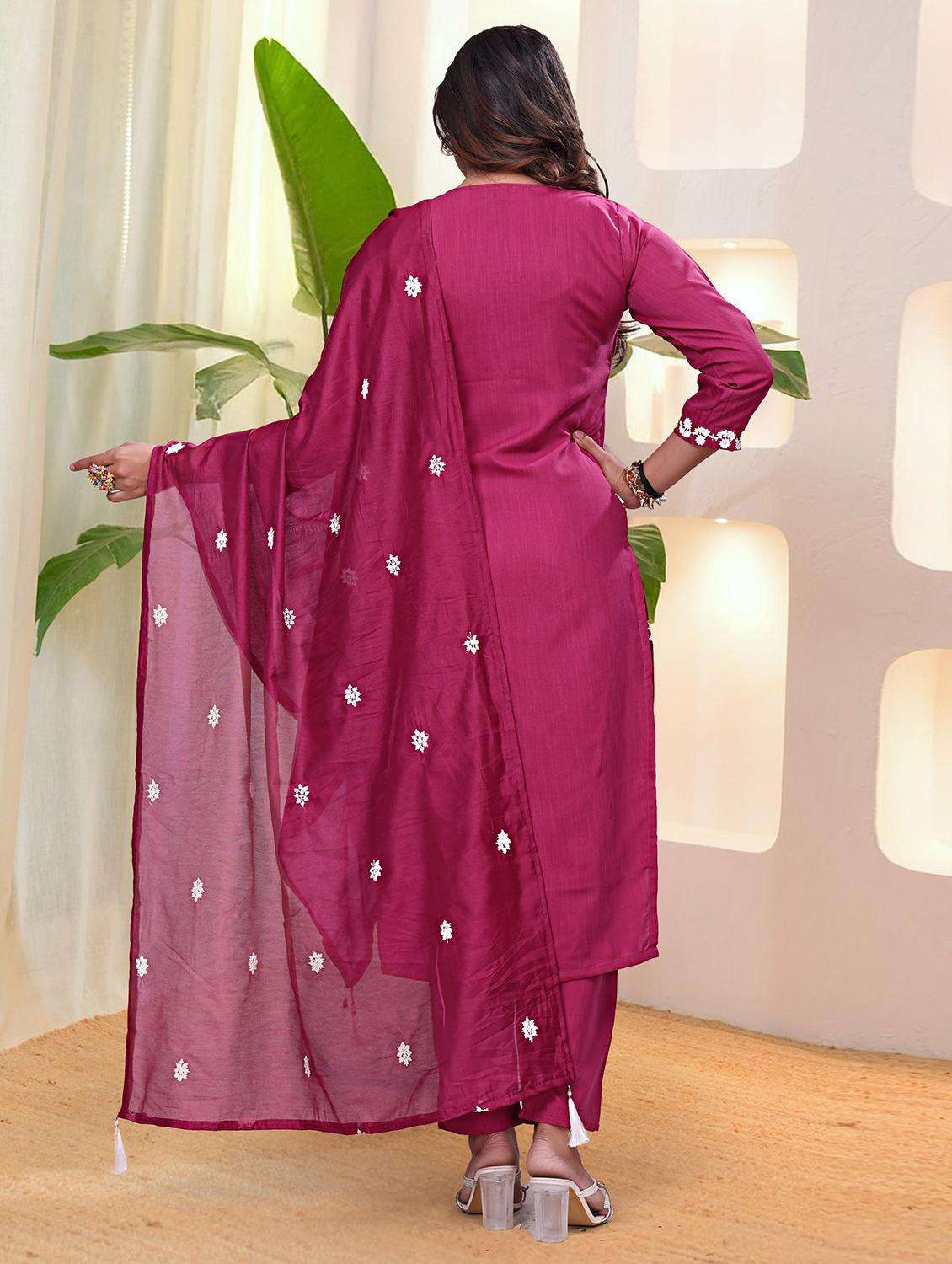 women solid with work three quarter sleeve kurta pant with dupatta set - 22220187 -  Standard Image - 3