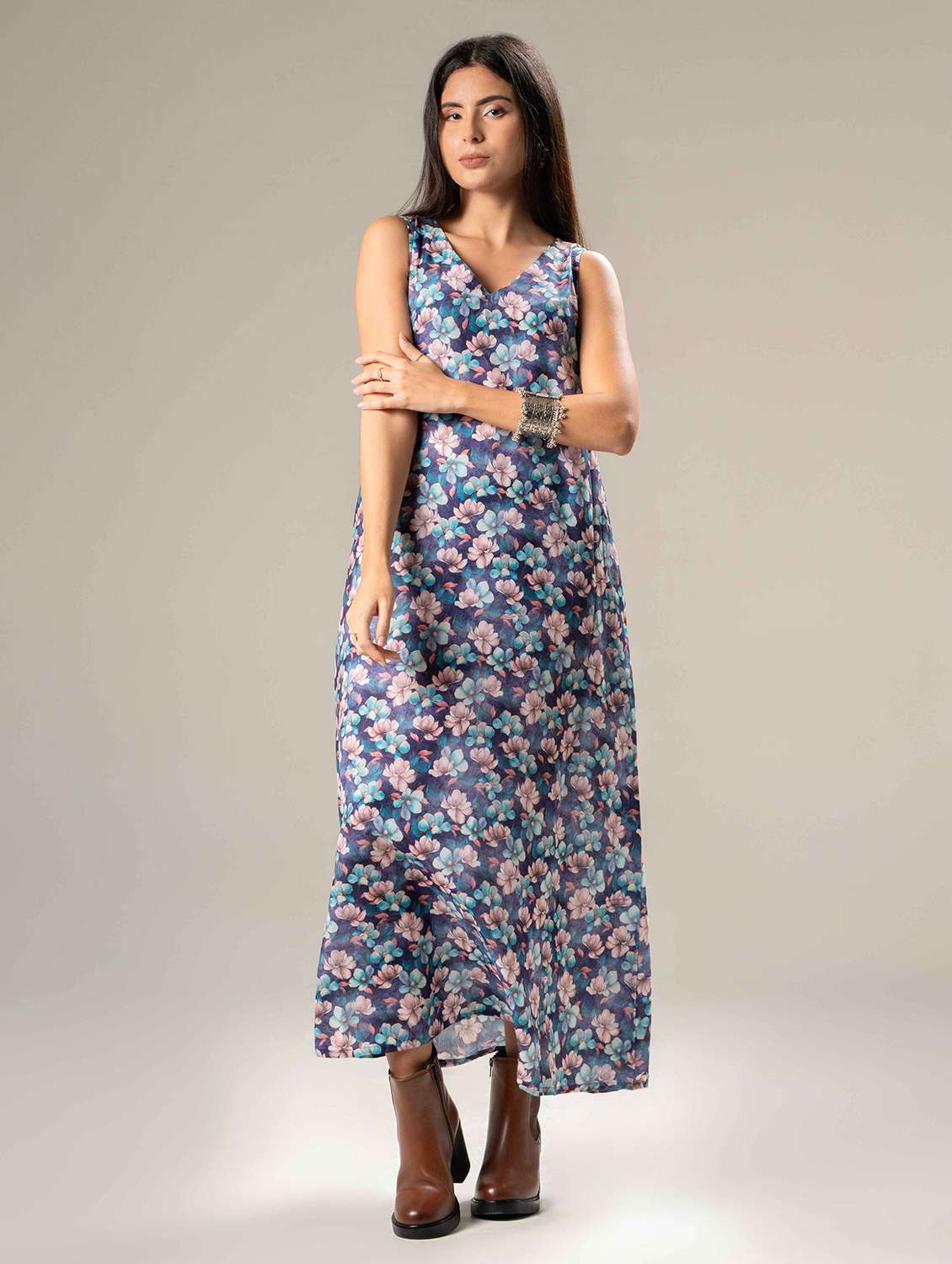 women floral print sleeveless a-line dress