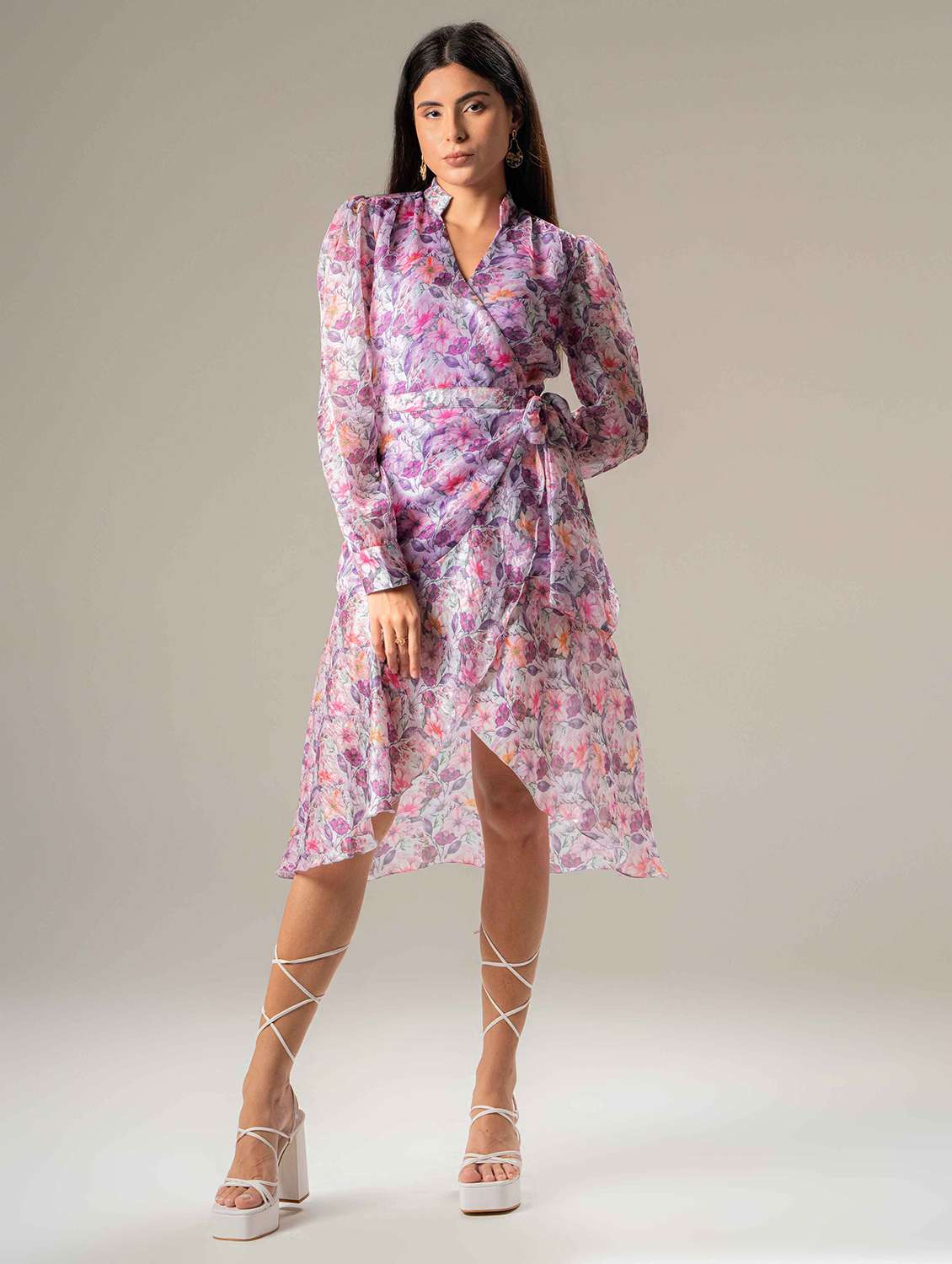 women floral print puff sleeve wrap dress