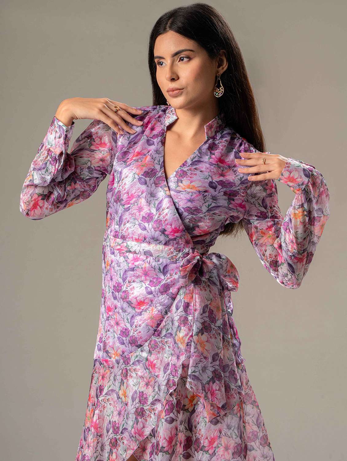 women floral print puff sleeve wrap dress - 22220198 -  Standard Image - 3