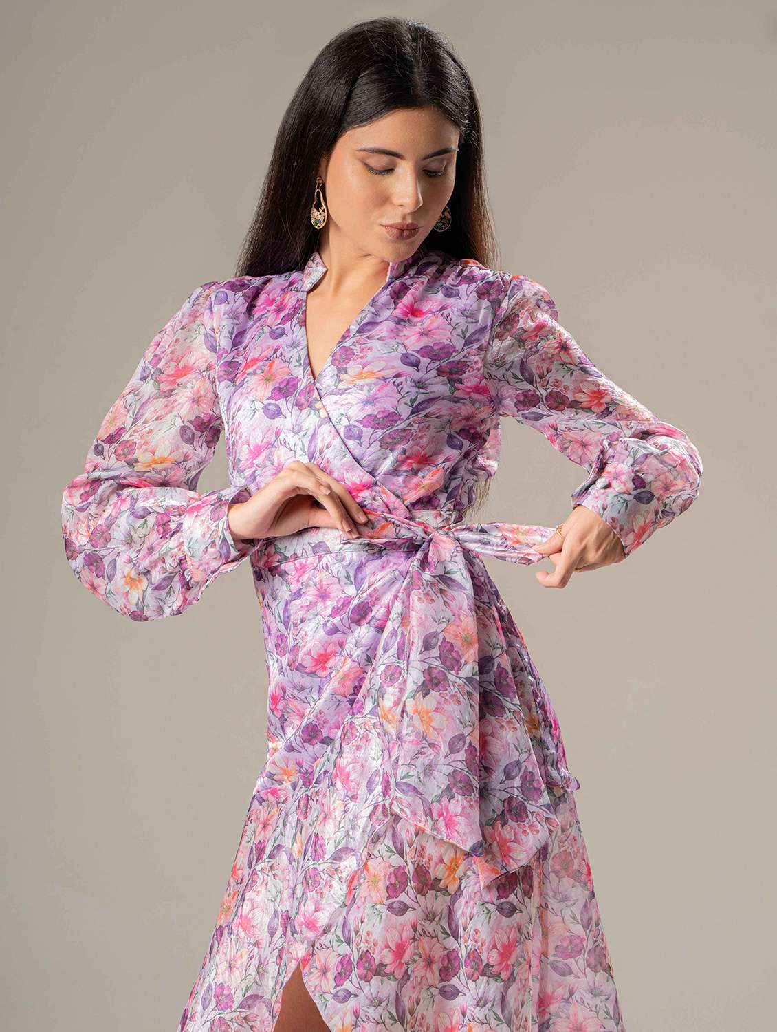 women floral print puff sleeve wrap dress - 22220198 -  Standard Image - 5