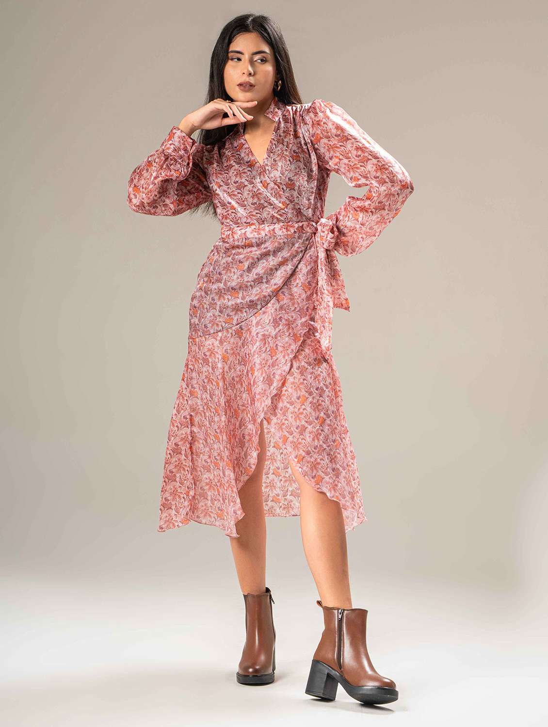 women printed puff sleeve wrap dress