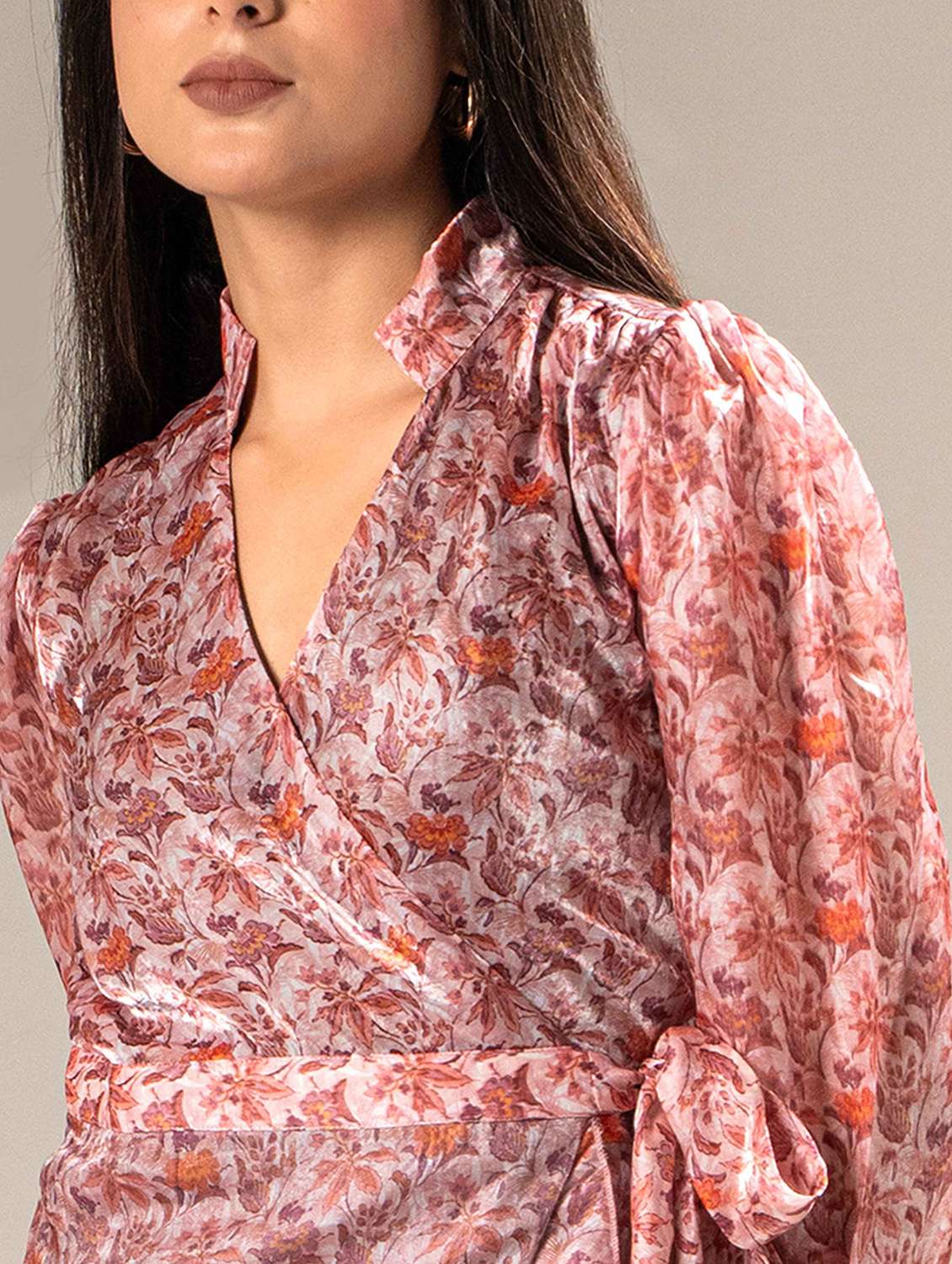 women printed puff sleeve wrap dress - 22220199 -  Standard Image - 5