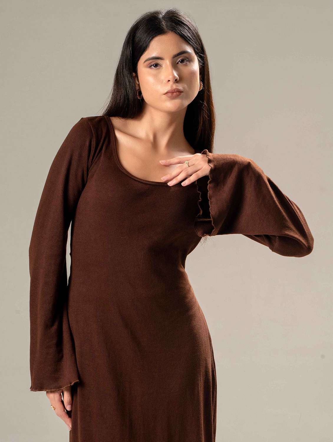 women solid bell sleeve a-line dress - 22220201 -  Standard Image - 3