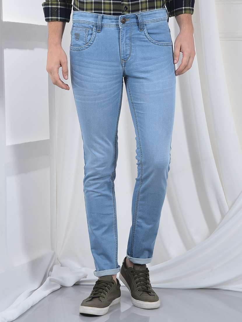 men washed mid rise full length jeans