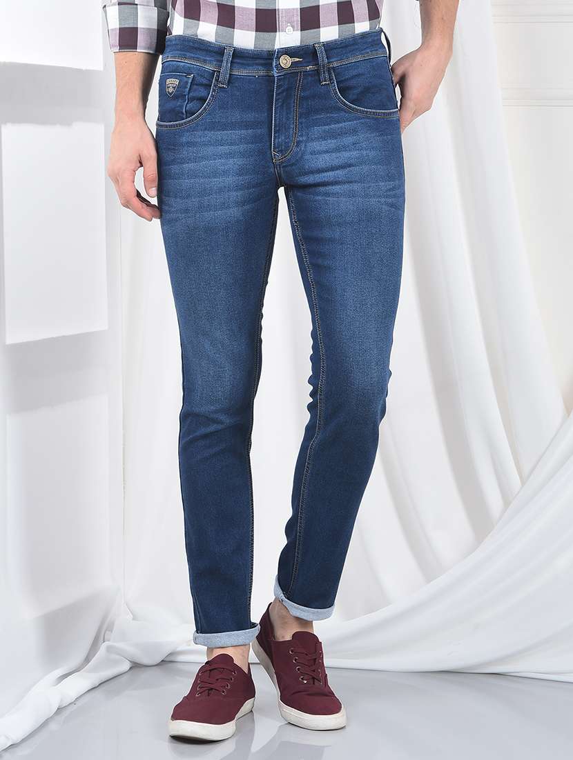 men washed mid rise full length jeans