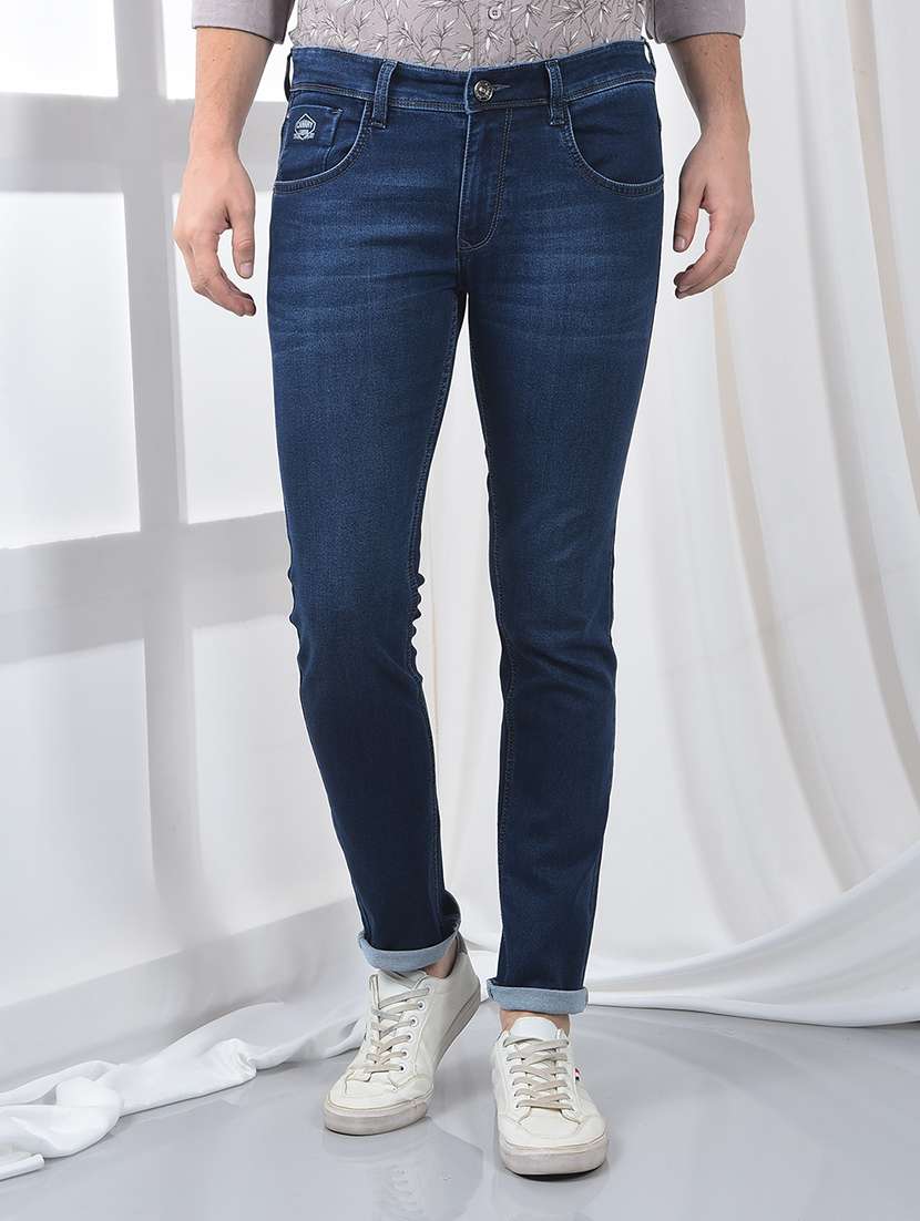 men washed mid rise full length jeans