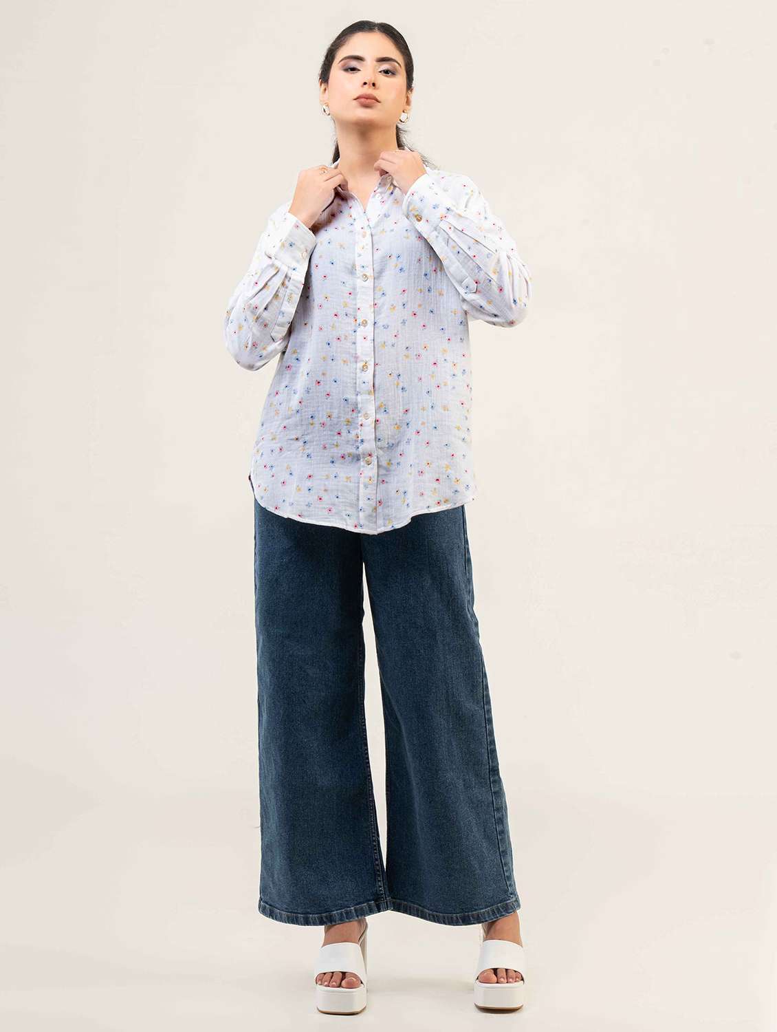 women printed collared long sleeve shirt