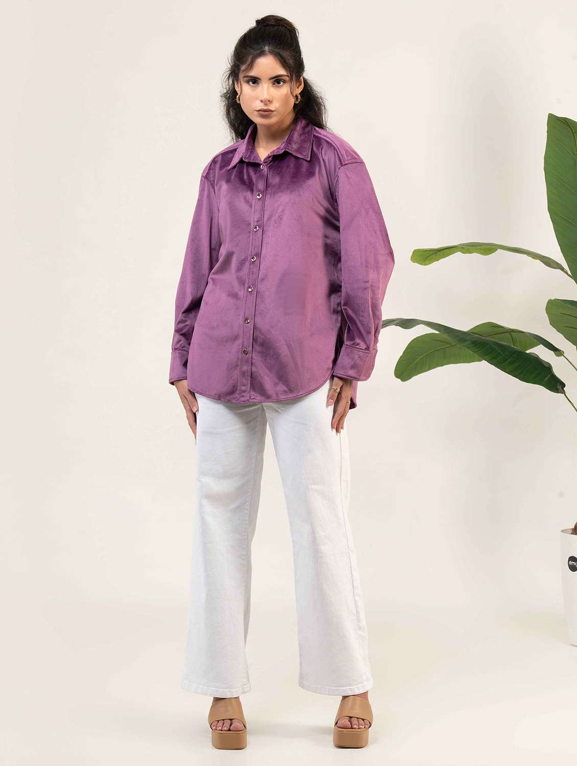 women solid collared long sleeve shirt