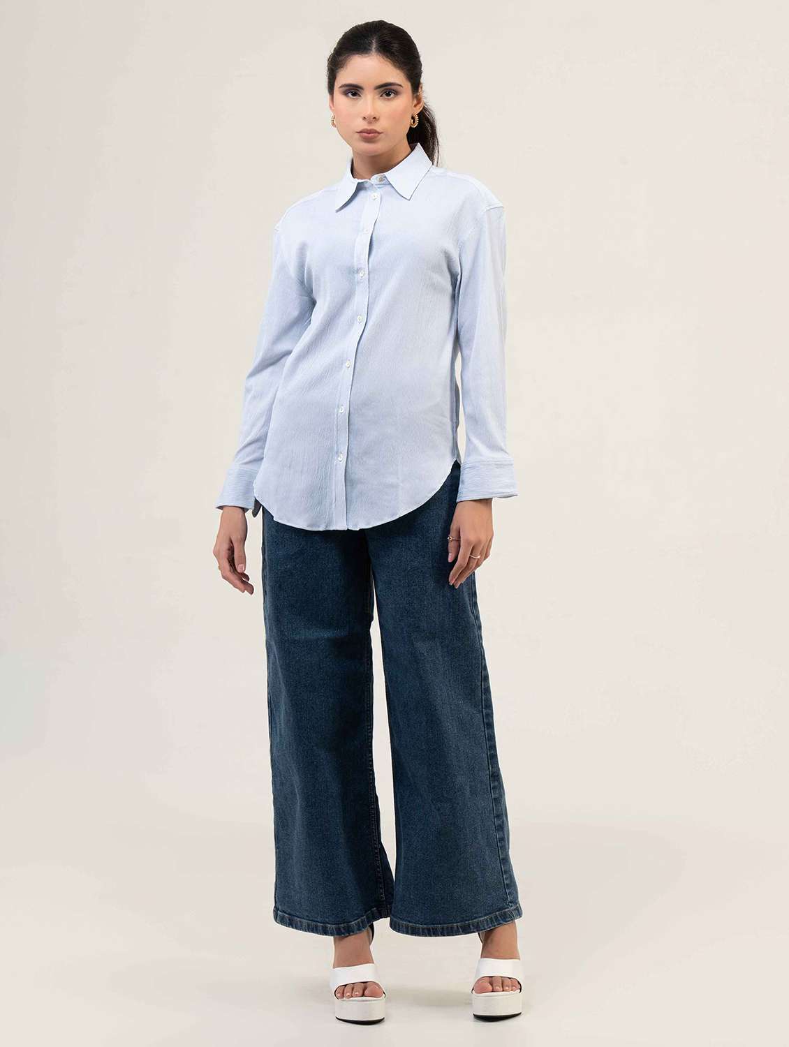 women solid collared long sleeve shirt