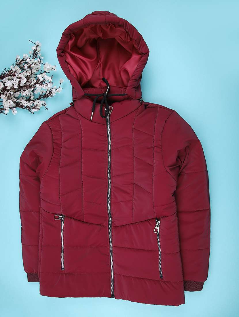 kids solid long sleeve hooded quilted jacket