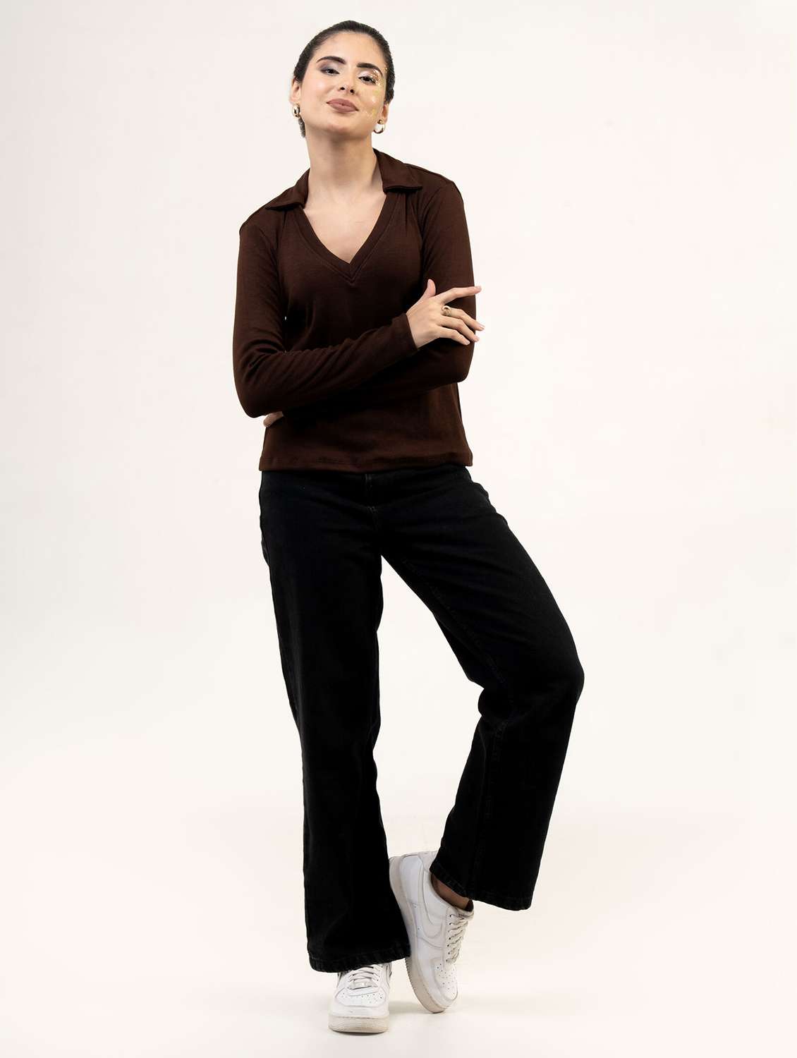 women solid long sleeve collared top - 22220312 -  Standard Image - 3