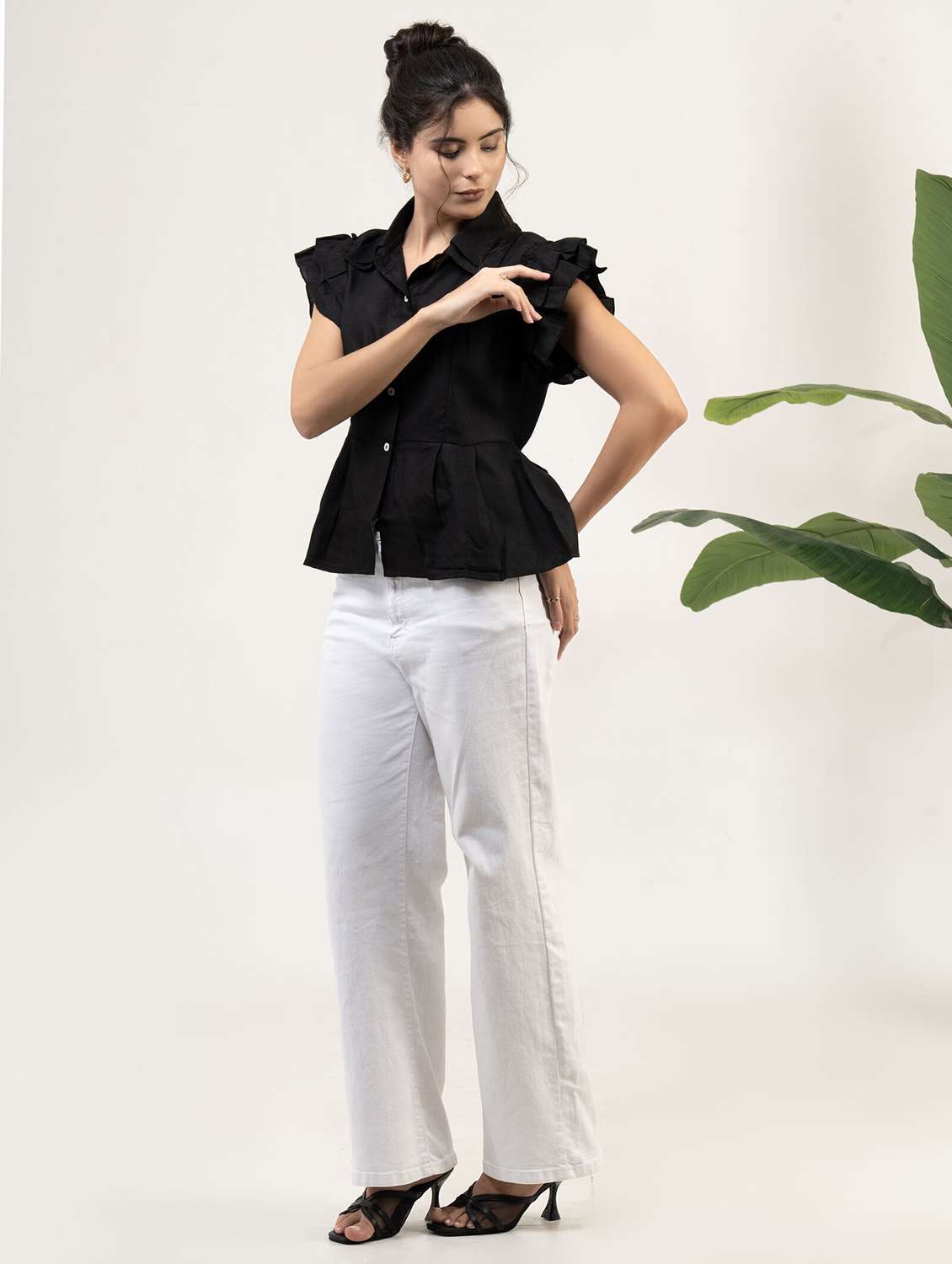 women solid ruffle sleeve peplum top