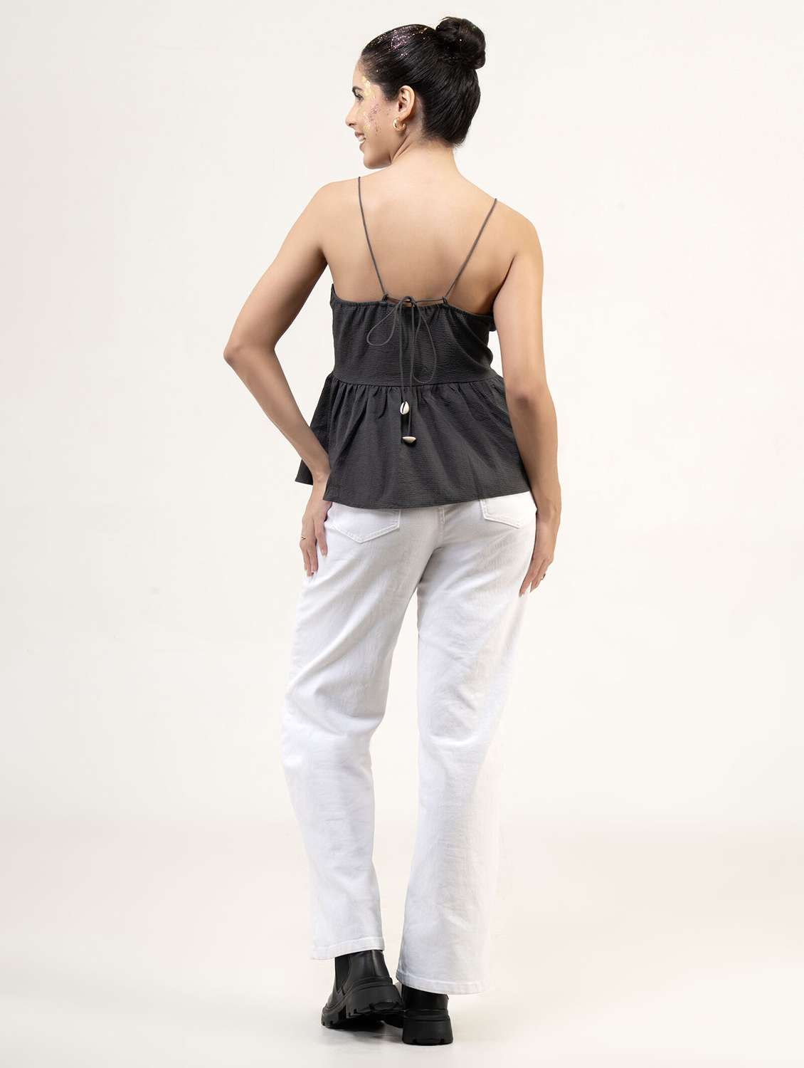 women solid shoulder strap peplum top - 22220318 -  Standard Image - 3