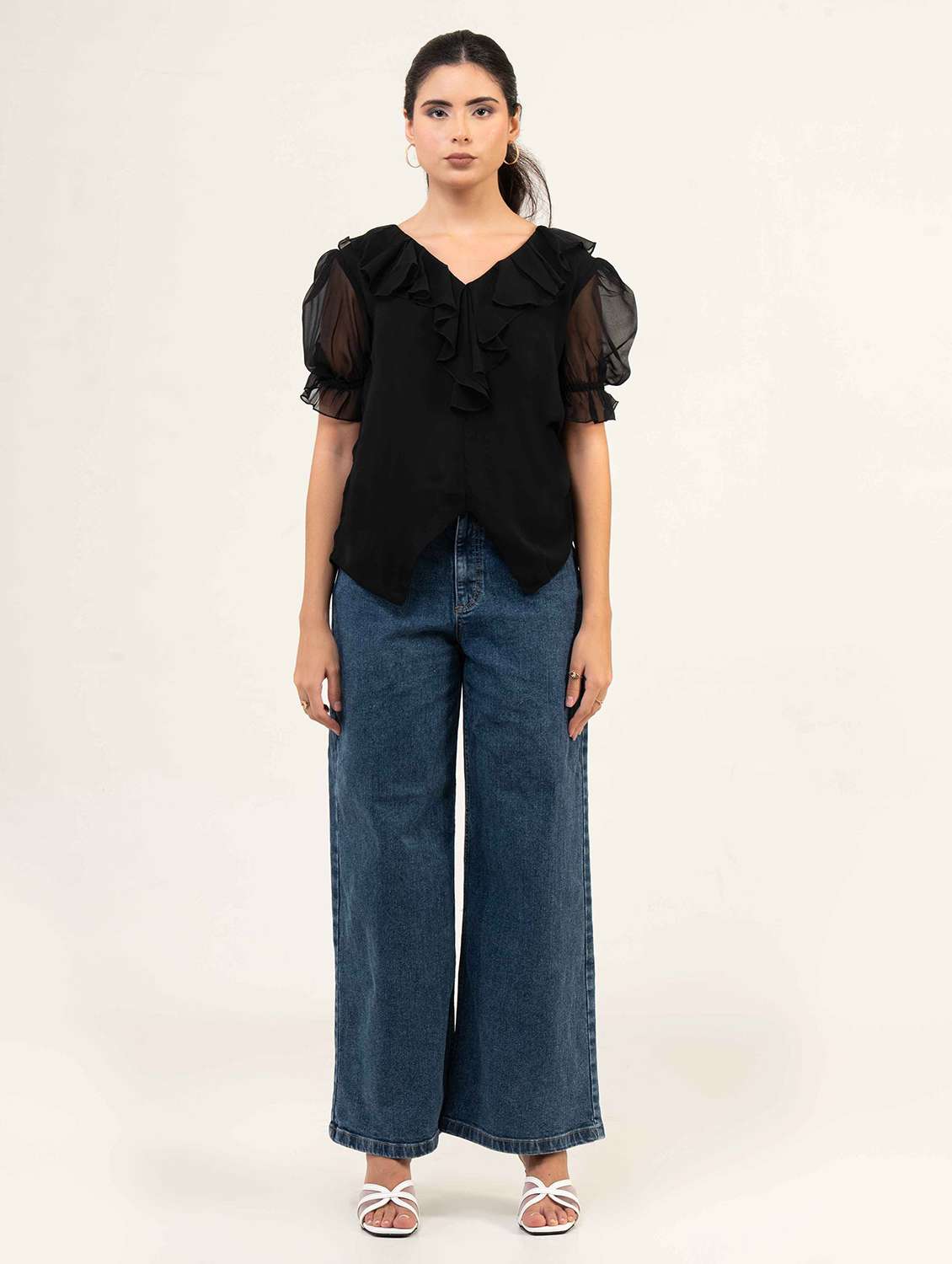 women solid puff sleeve asymmetric top