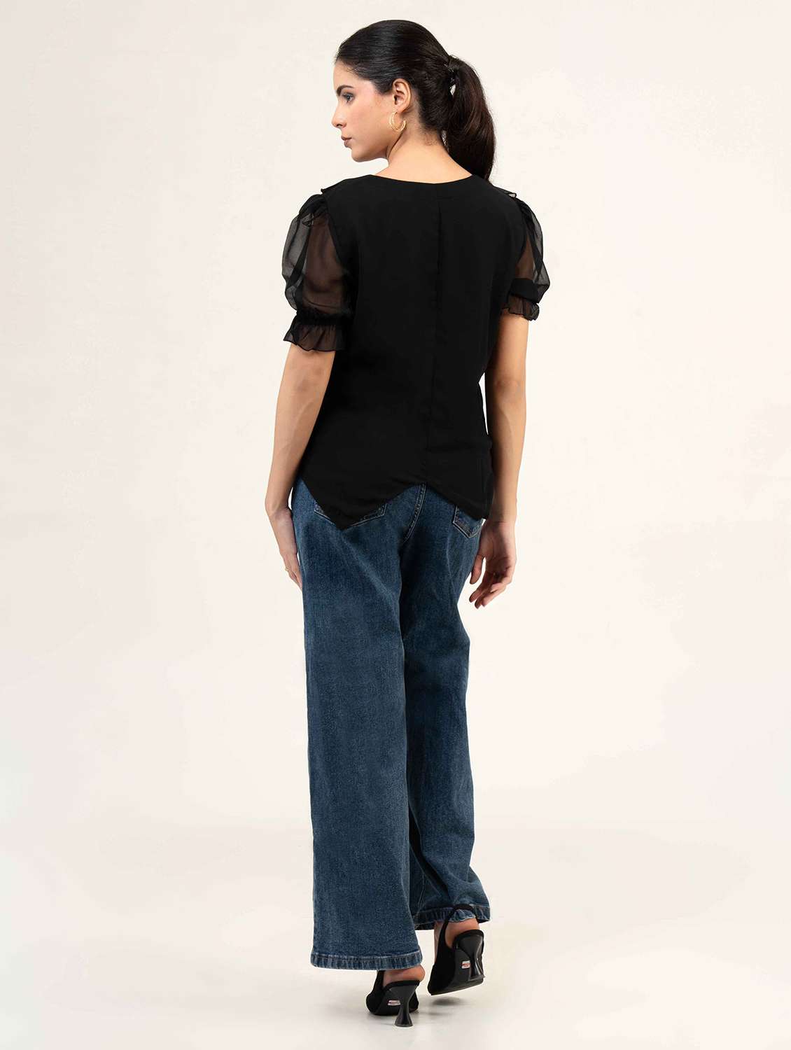 women solid puff sleeve asymmetric top - 22220321 -  Standard Image - 3