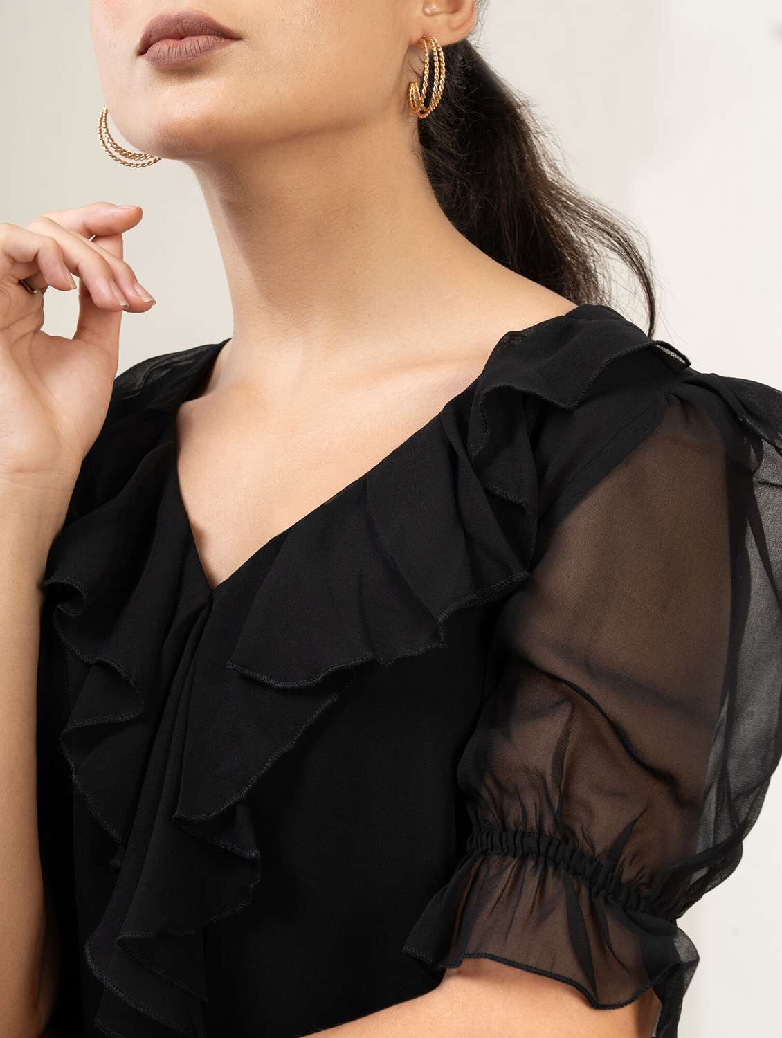 women solid puff sleeve asymmetric top - 22220321 -  Standard Image - 5