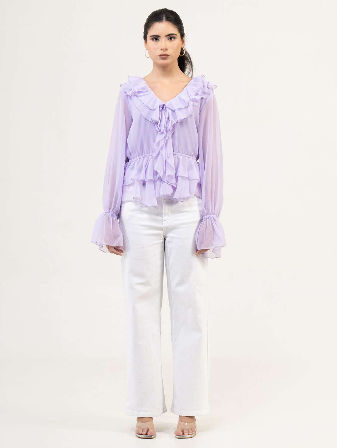 women solid bell sleeve ruffle top