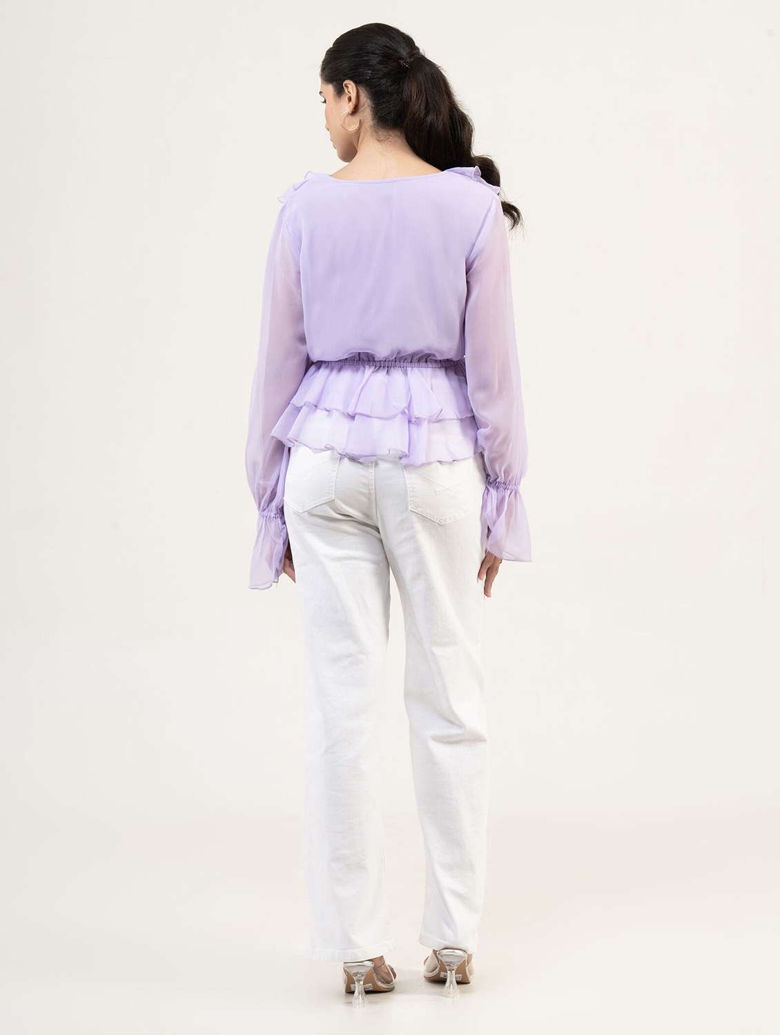 women solid bell sleeve ruffle top - 22220327 -  Standard Image - 3