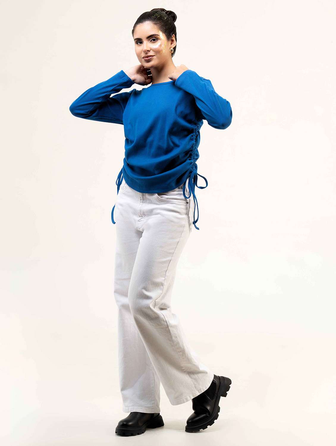 women solid long sleeve ruched top