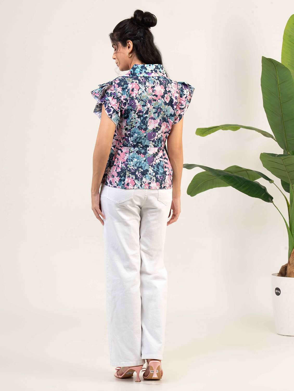 women printed collared flutter sleeve shirt top - 22220334 -  Standard Image - 3