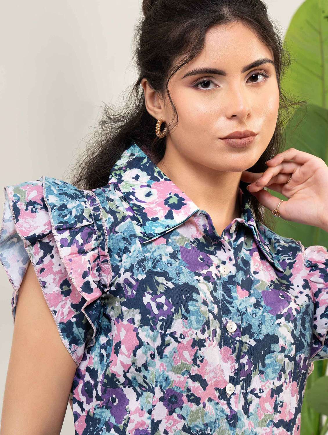women printed collared flutter sleeve shirt top - 22220334 -  Standard Image - 5