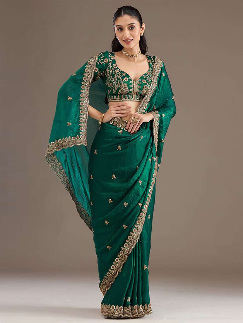 women solid with work embroidered saree with blouse - 22220386 -  Zoom Image - 0