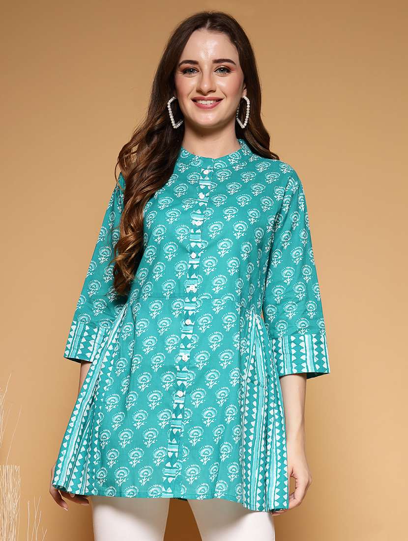 women printed three quarter sleeve a-line kurti