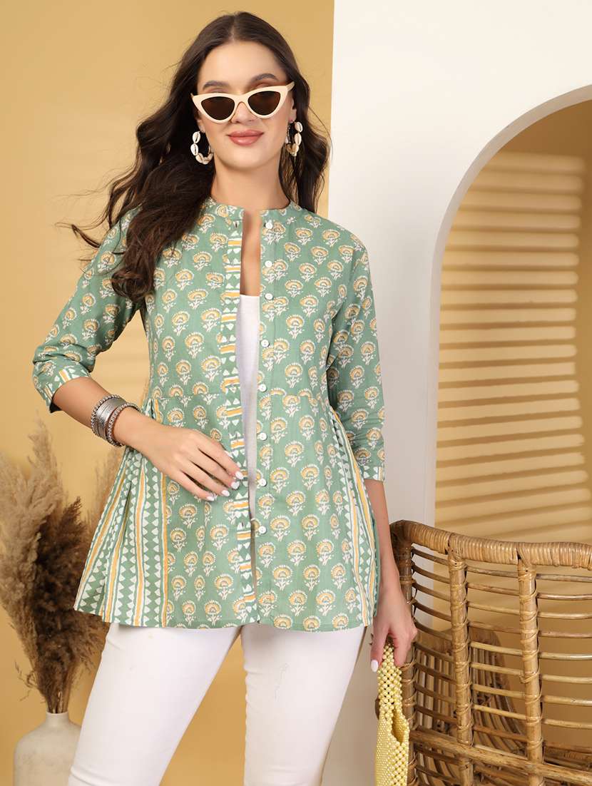 women printed three quarter sleeve a-line kurti