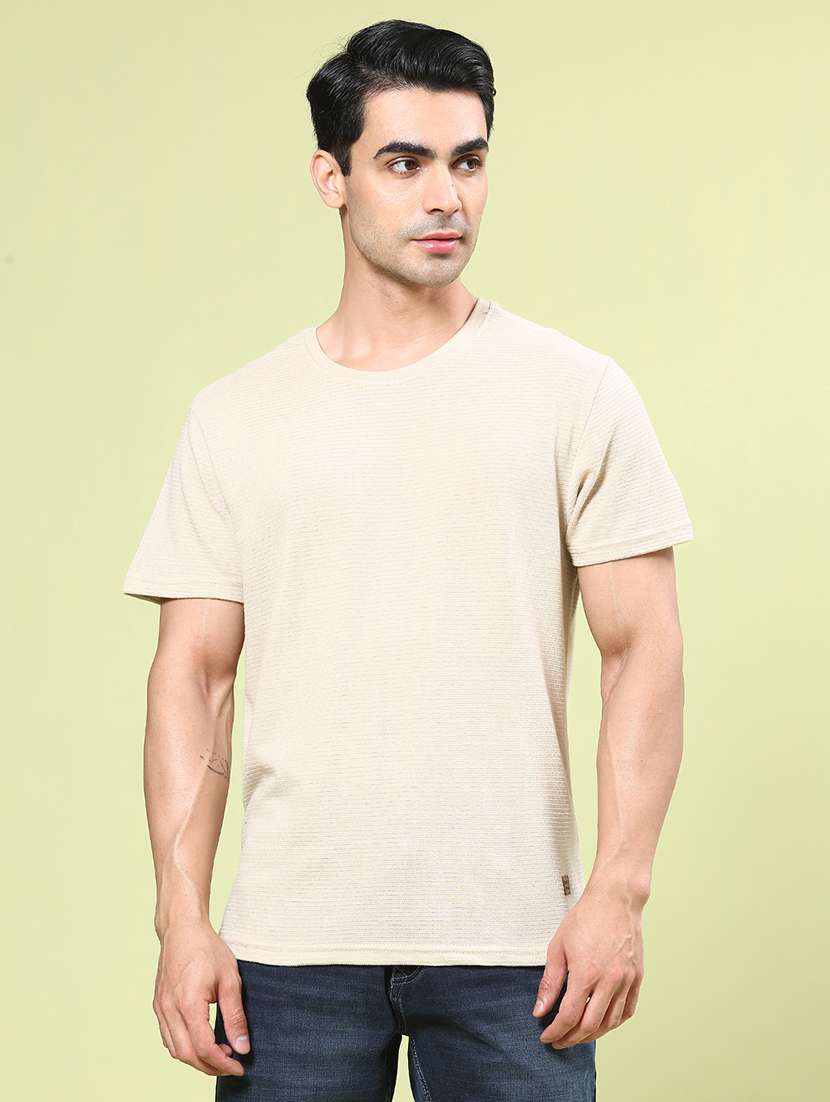 men beige cotton blend plain t-shirt