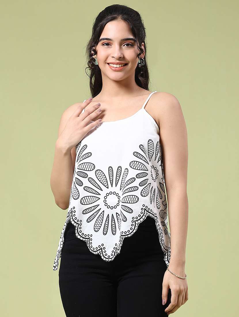 women printed shoulder strap asymmetric top