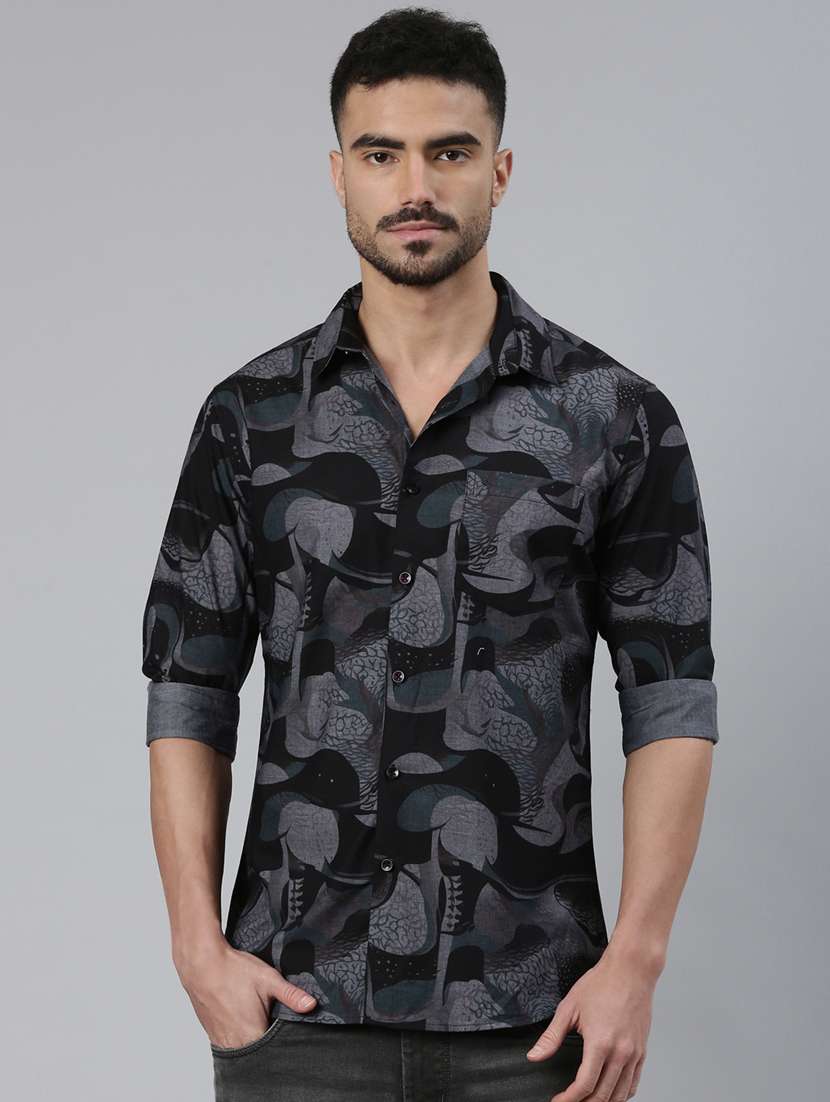men printed long sleeve slim fit casual shirt