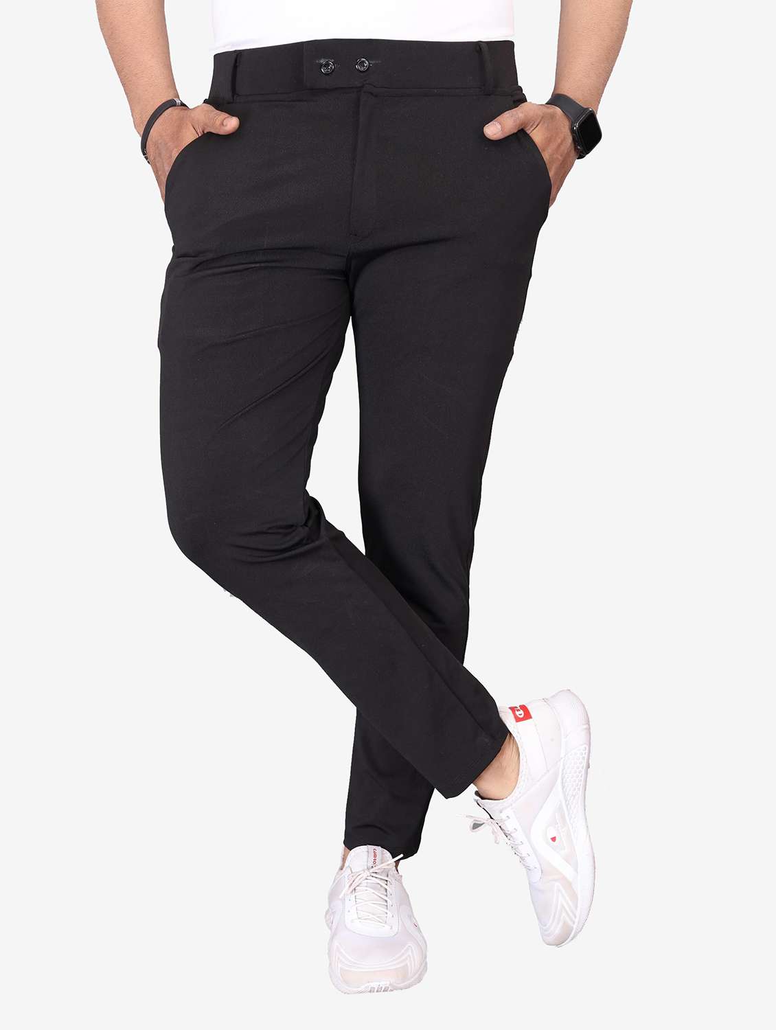 men solid mid rise flat front casual trouser