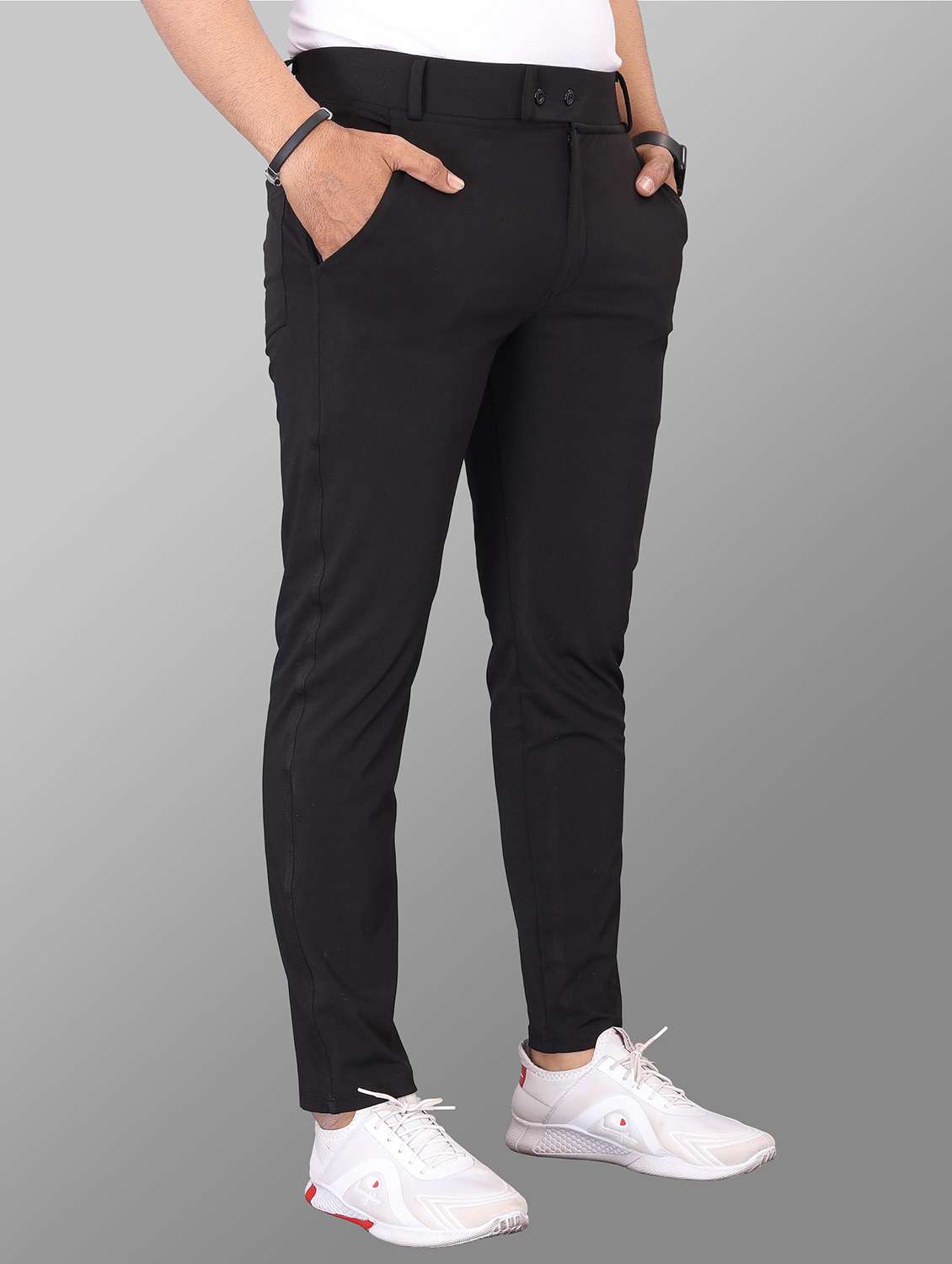 men solid mid rise flat front casual trouser - 22223504 -  Standard Image - 3