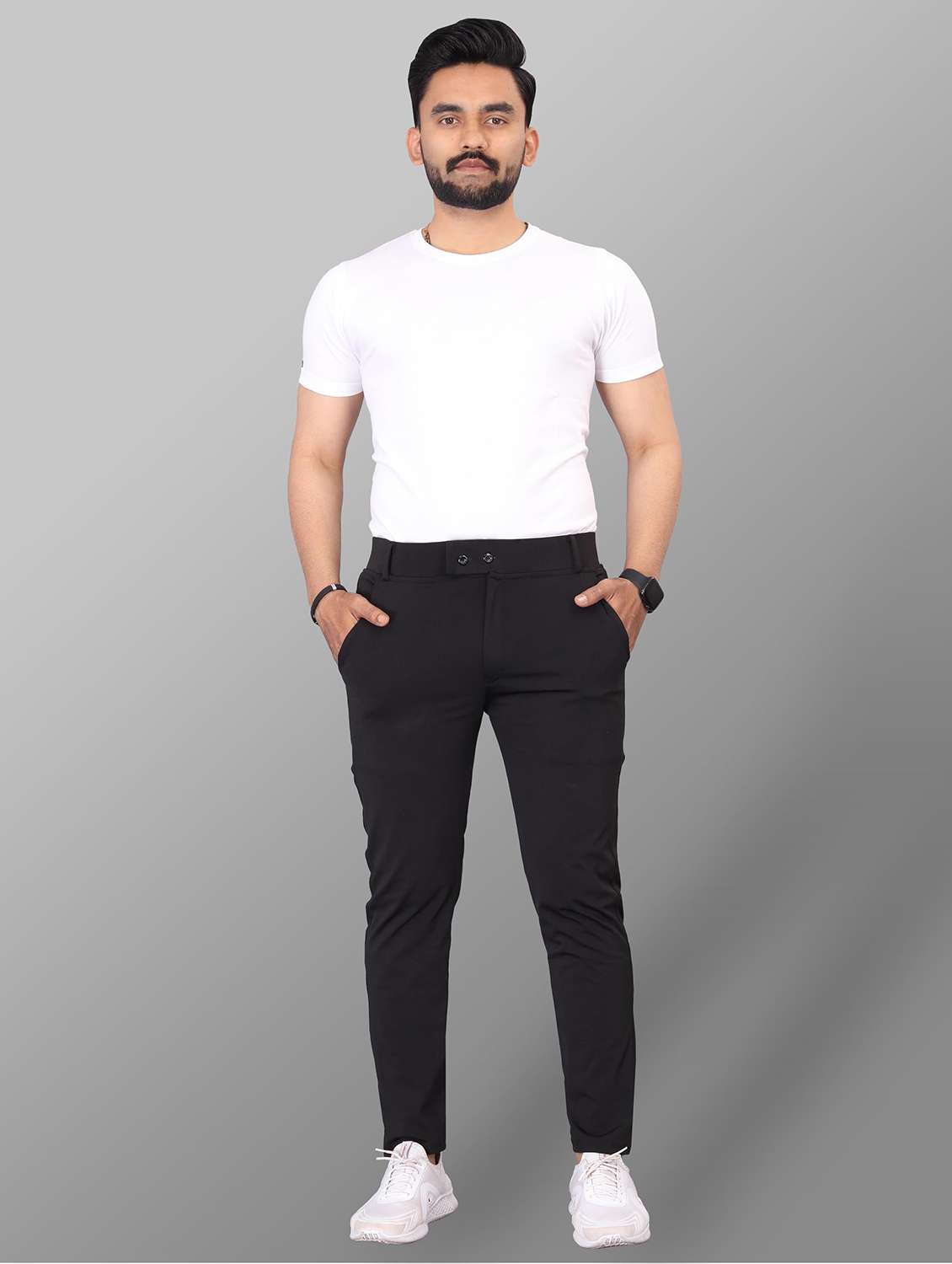 men solid mid rise flat front casual trouser - 22223504 -  Standard Image - 5