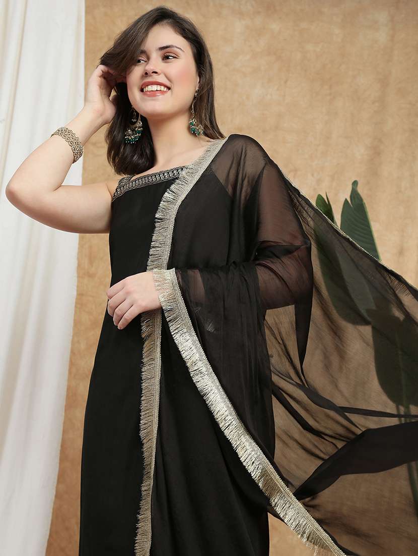 globus women black square neck shoulder straps embroidered detail straight kurta with pants & fringed dupatta festive set - 22223626 -  Standard Image - 3