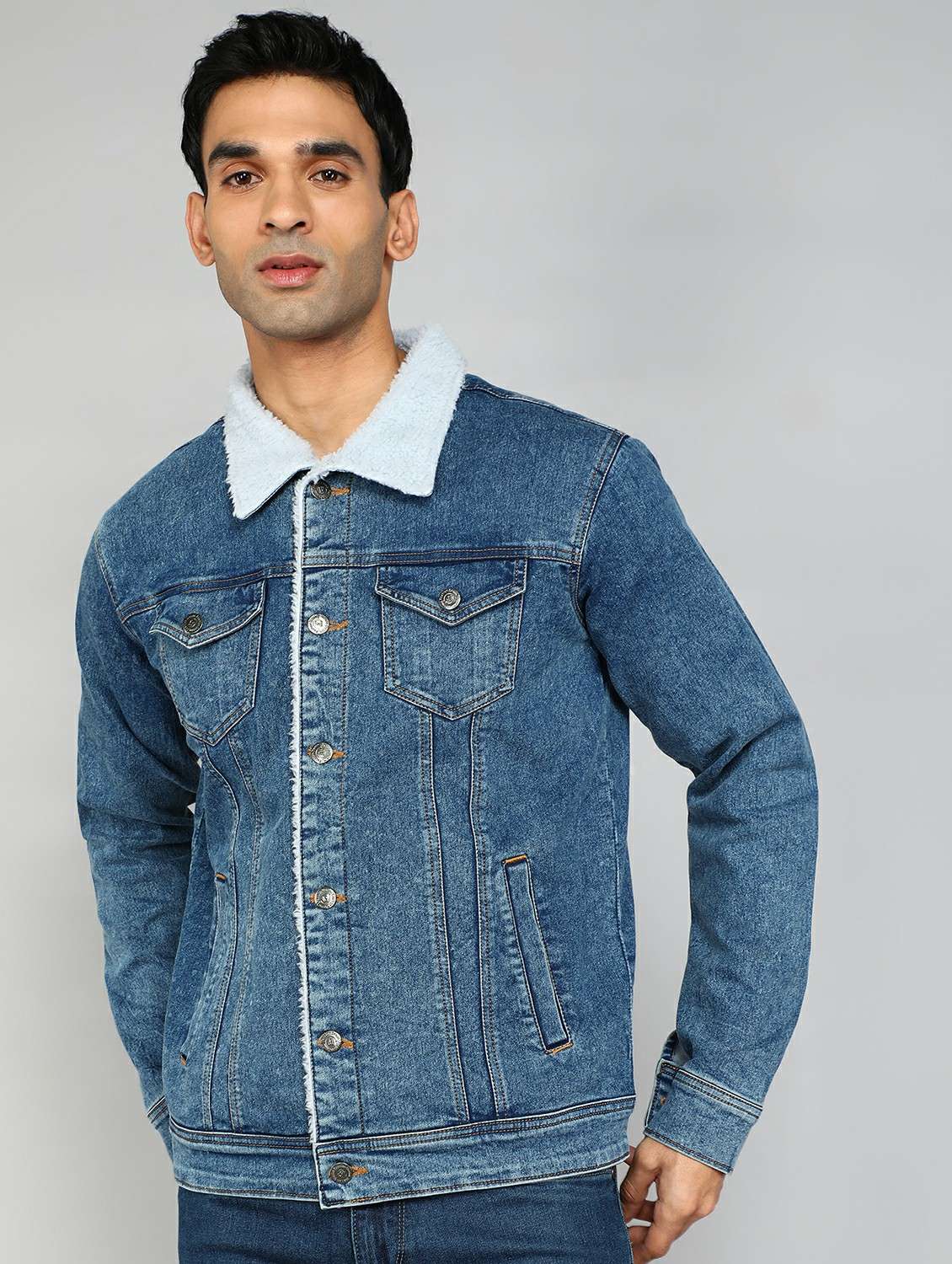 men solid long sleeve denim casual jacket
