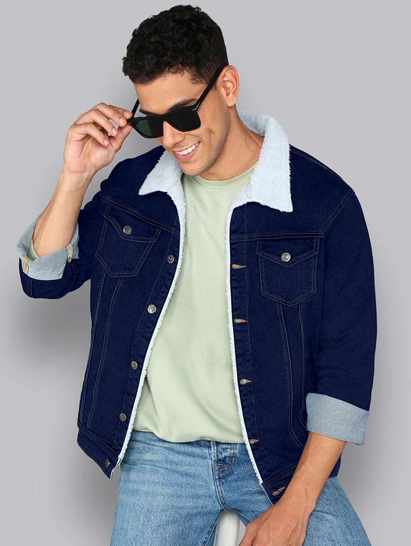 men solid long sleeve denim casual jacket