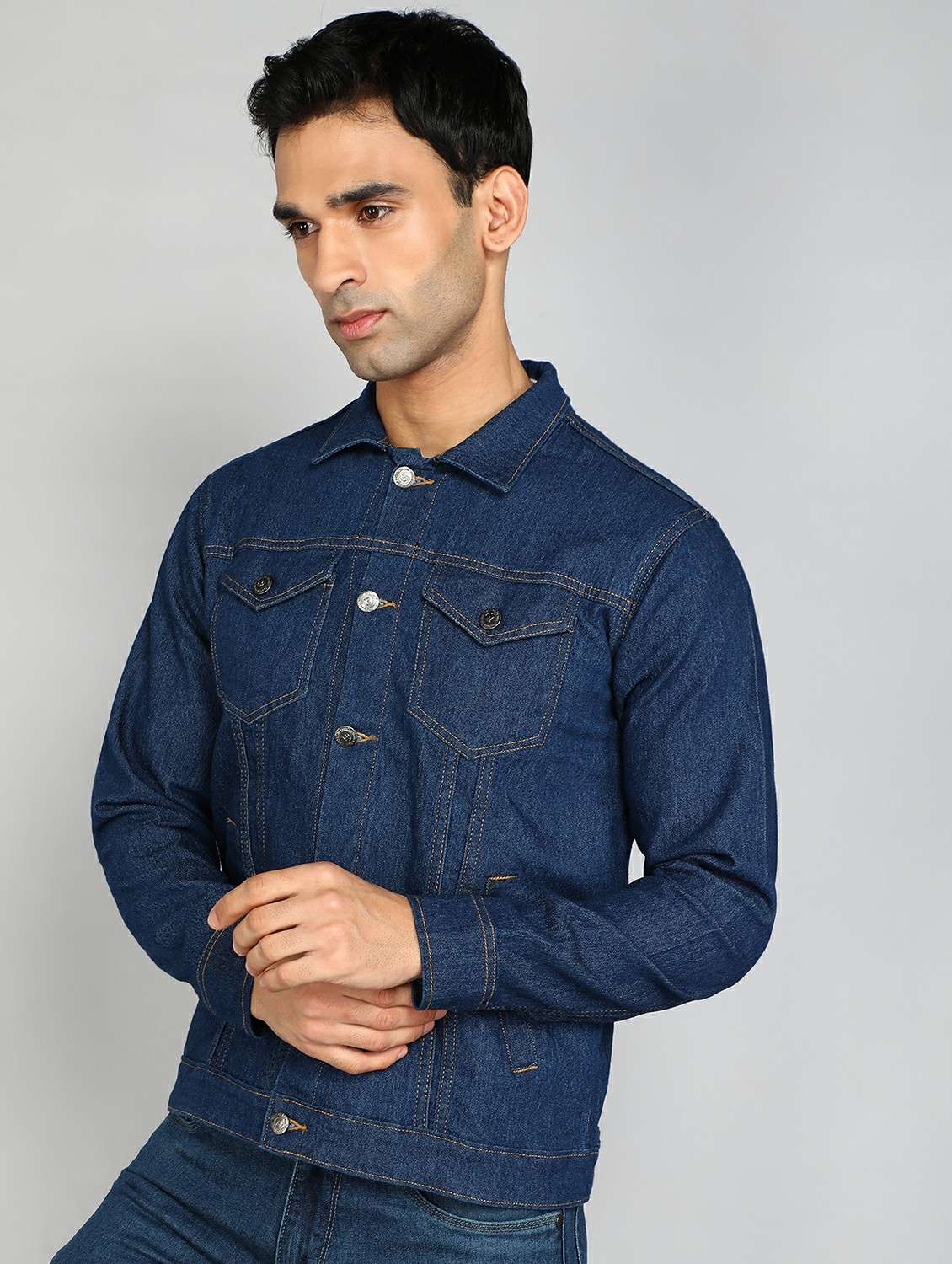 men solid long sleeve denim casual jacket