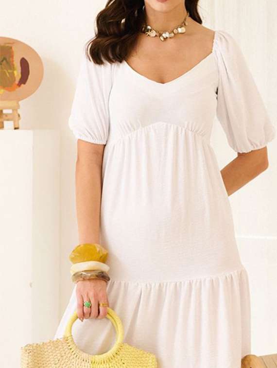 women solid puff sleeve tiered dress - 22223750 -  Standard Image - 3