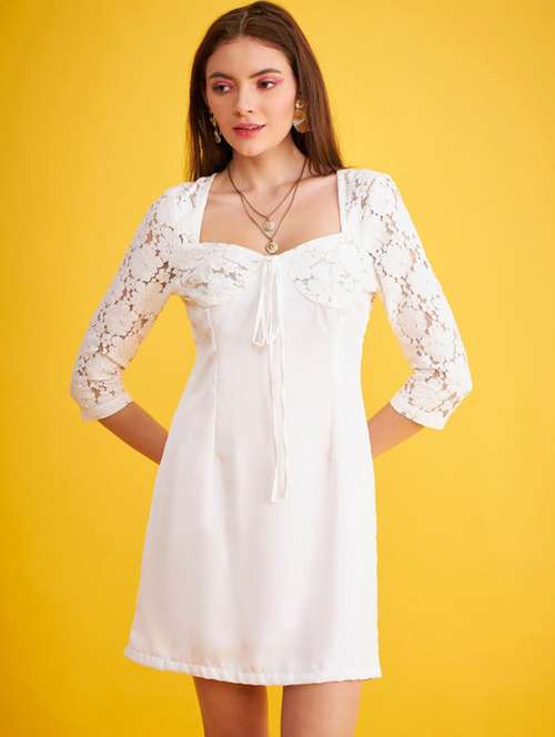 women white self designed lace a-line dress - 22223753 -  Standard Image - 0