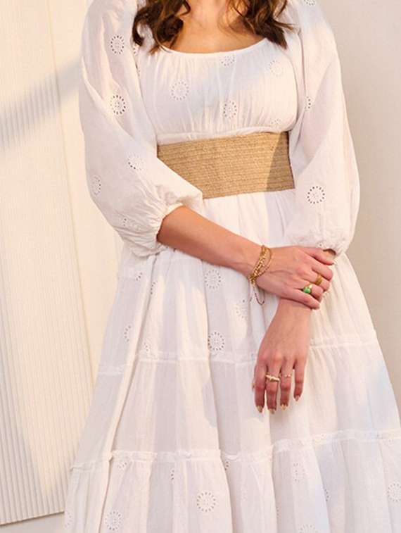 women solid puff sleeve schiffli detailed tiered dress - 22223754 -  Standard Image - 3