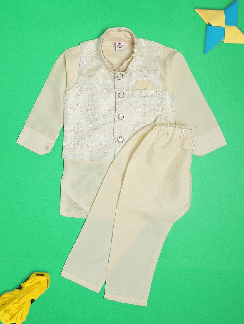 boys self design kurta pajama set with nehru jacket